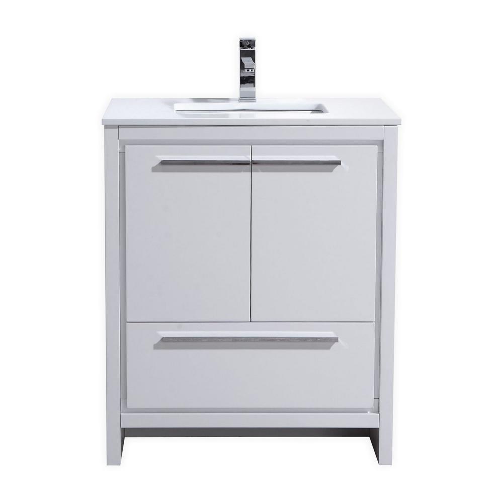 30″ High Gloss White Modern Bathroom Vanity with White Quartz Counter-Top. Picture 1