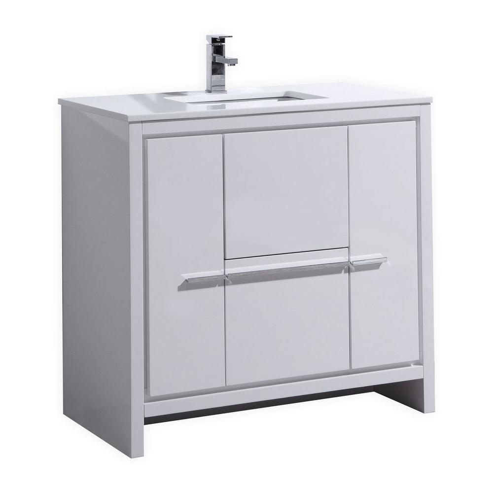 36″ High Gloss White Modern Bathroom Vanity with White Quartz Counter-Top. Picture 1