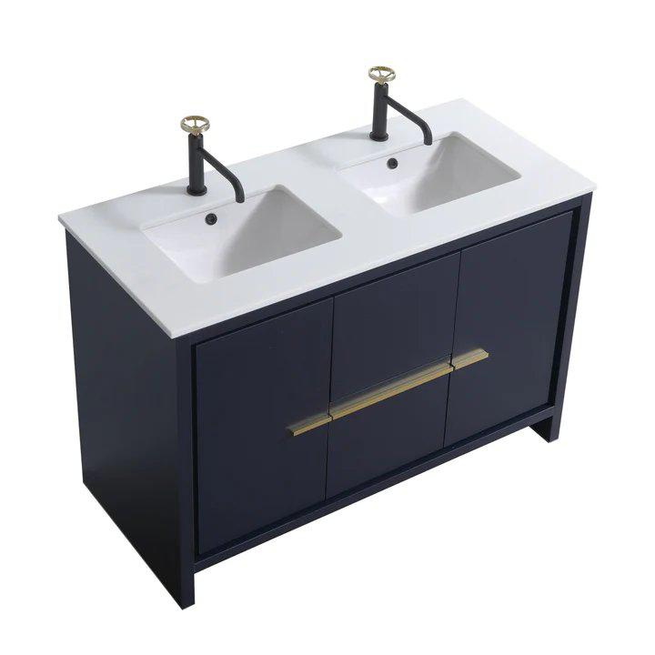 48″ Double Sink Blue  Modern Bathroom Vanity with White Quartz Counter-Top. Picture 1