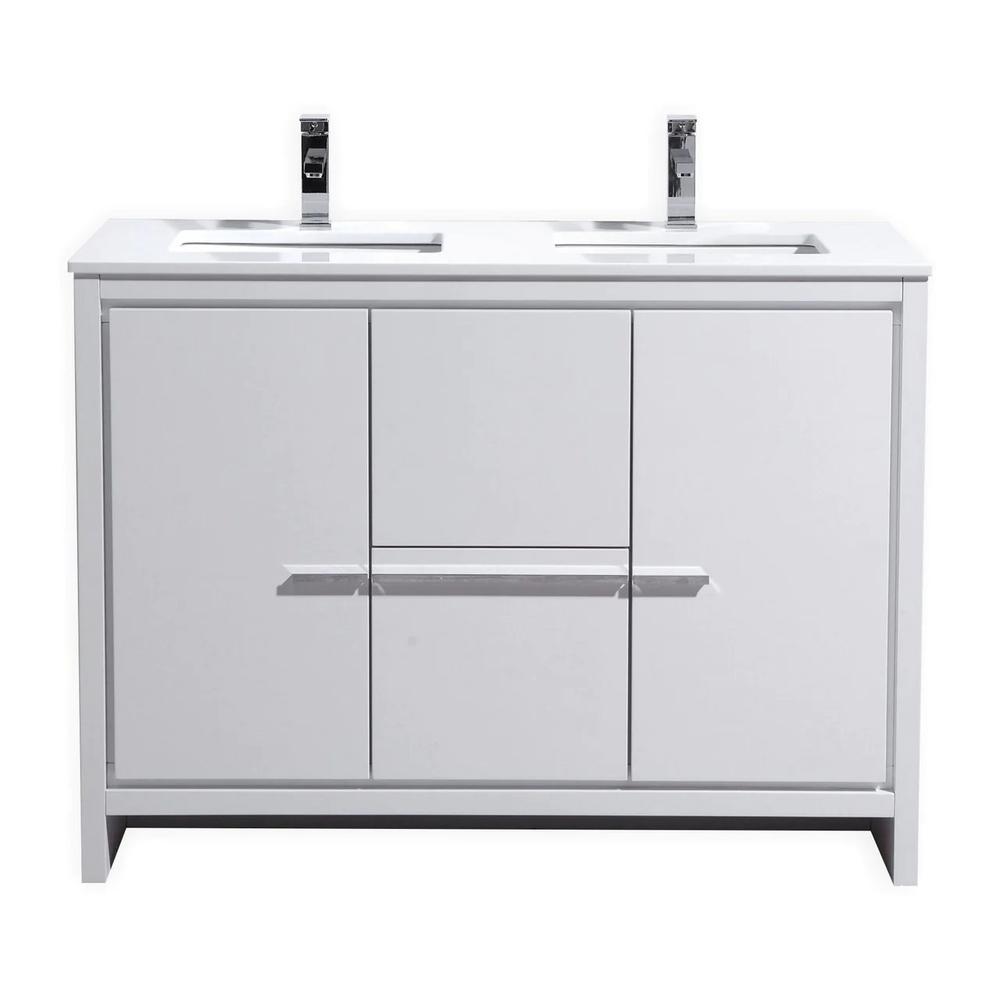 48″ Double Sink High Gloss White Modern Bathroom Vanity with White Quartz. Picture 1