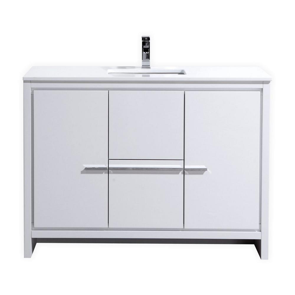 48″ High Gloss White Modern Bathroom Vanity with White Quartz Counter-Top. Picture 1