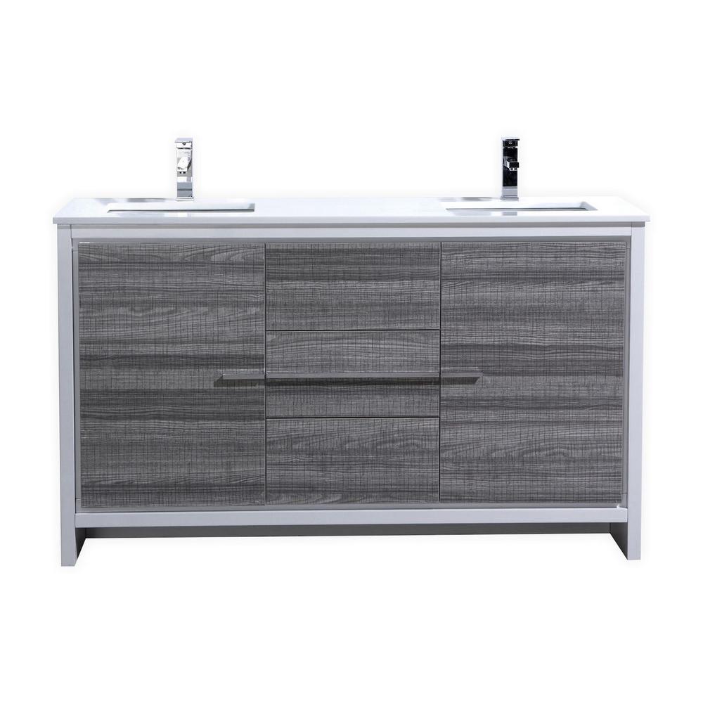 60″ Double Sink Ash Gray Modern Bathroom Vanity with White Quartz Counter-Top. Picture 1