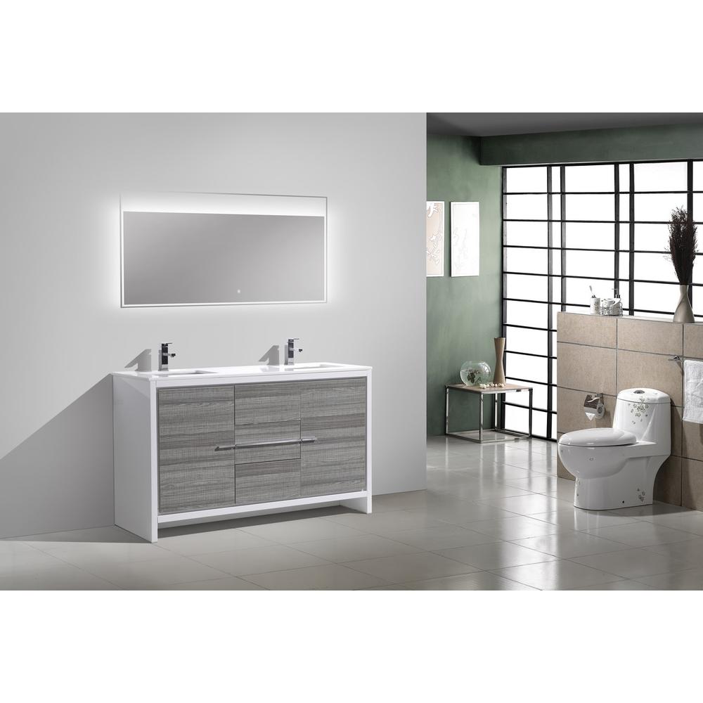 60″ Double Sink Ash Gray Modern Bathroom Vanity with White Quartz Counter-Top. Picture 2