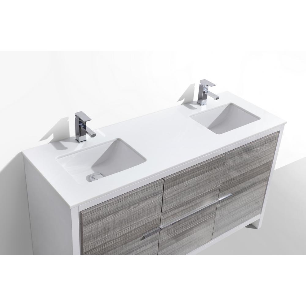 60″ Double Sink Ash Gray Modern Bathroom Vanity with White Quartz Counter-Top. Picture 4