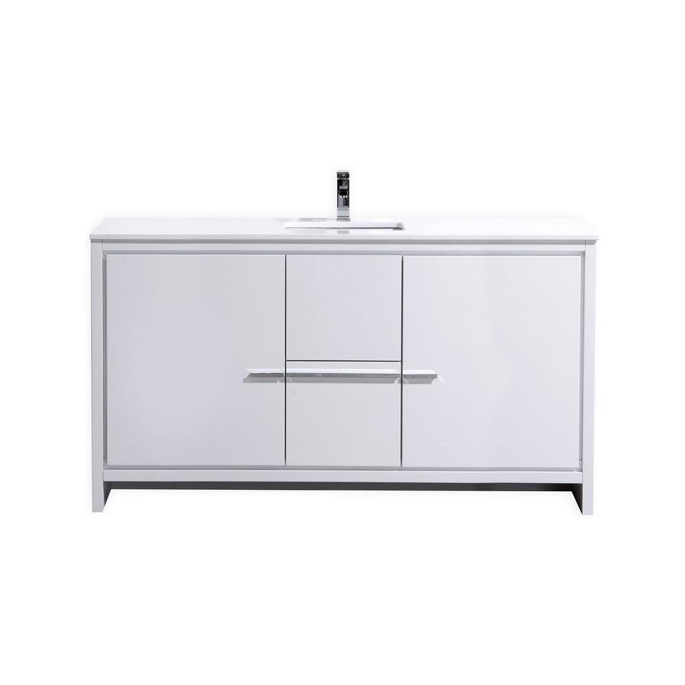 60″ High Gloss White Modern Bathroom Vanity with White Quartz Counter-Top. Picture 1
