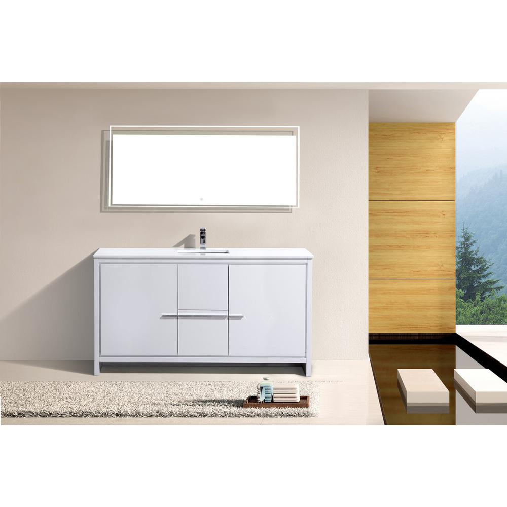 60″ High Gloss White Modern Bathroom Vanity with White Quartz Counter-Top. Picture 2
