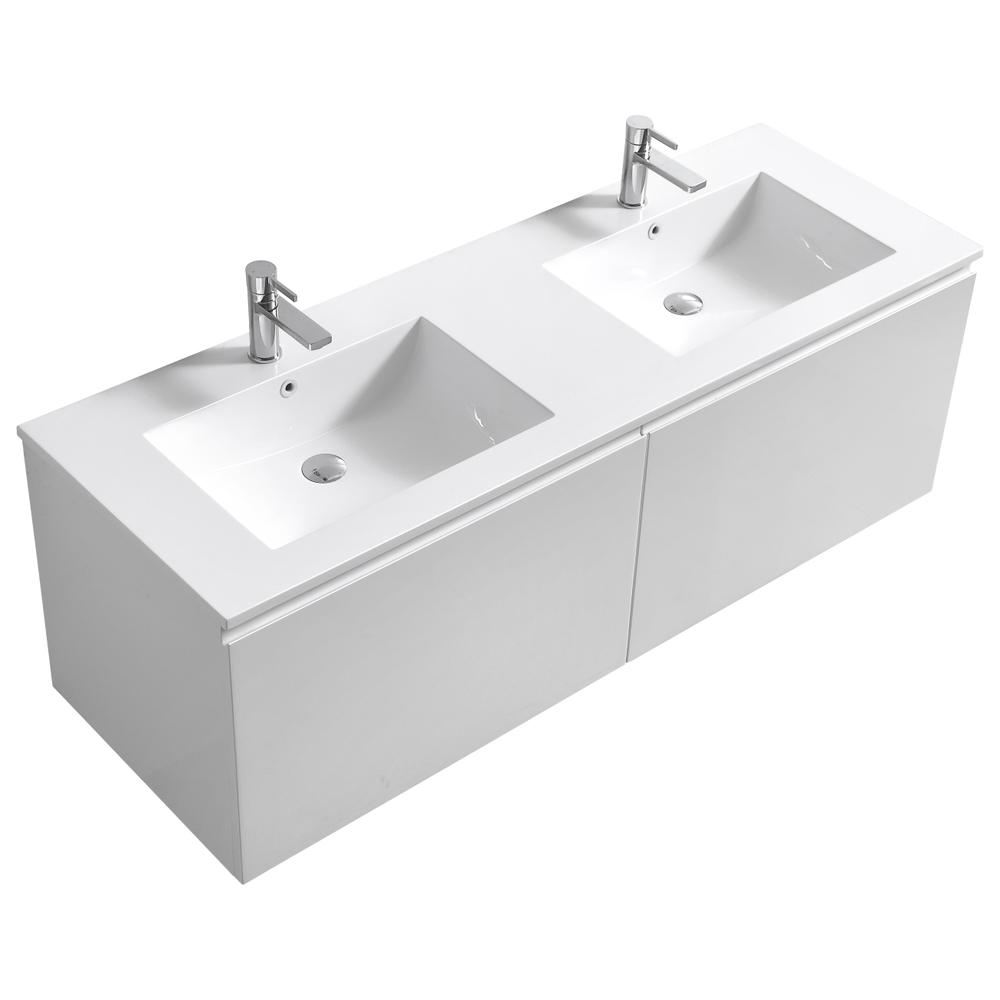 Balli 60'' Double Sink Wall Mount Modern Bathroom Vanity in Gloss White Finish. Picture 1