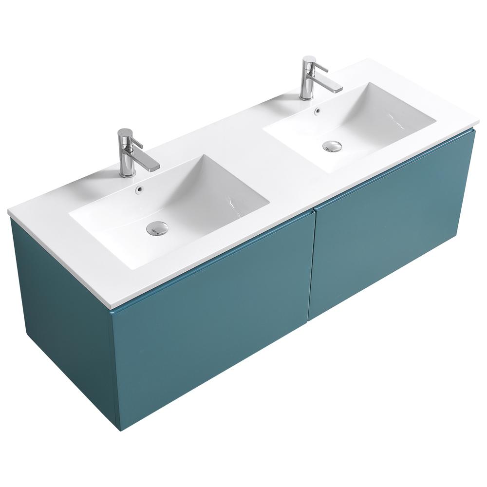 Balli 60'' Double Sink Wall Mount Modern Bathroom Vanity in Teal Green Finish. Picture 1