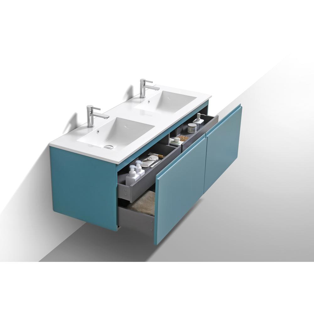Balli 60'' Double Sink Wall Mount Modern Bathroom Vanity in Teal Green Finish. Picture 5