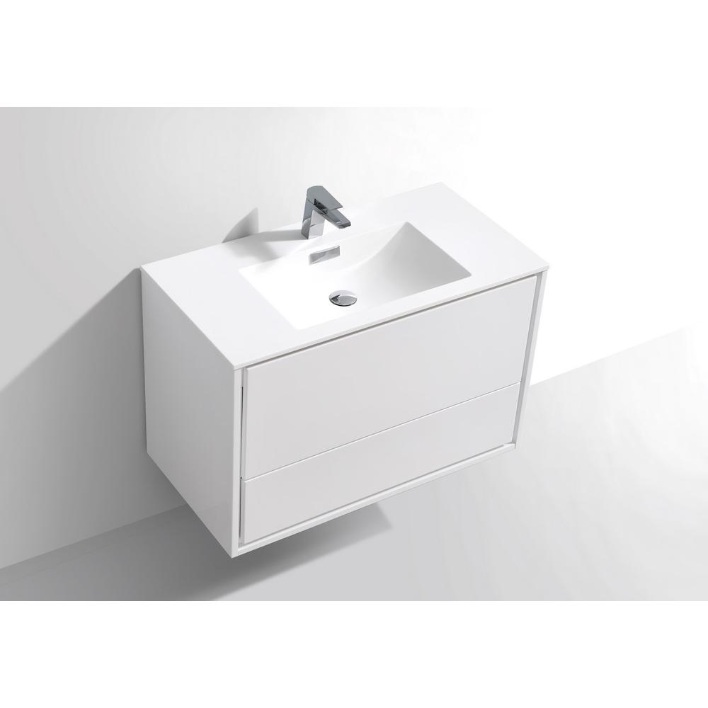 DeLusso 36" High Glossy White Wall Mount Modern Bathroom Vanity. Picture 4
