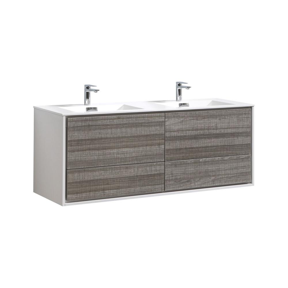 DeLusso 60" Double Sink  Ash Gray Wall Mount Modern Bathroom Vanity. Picture 1