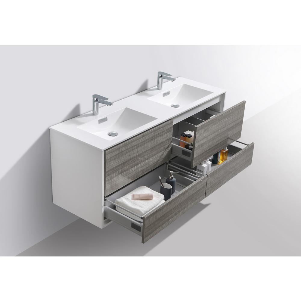DeLusso 60" Double Sink  Ash Gray Wall Mount Modern Bathroom Vanity. Picture 5