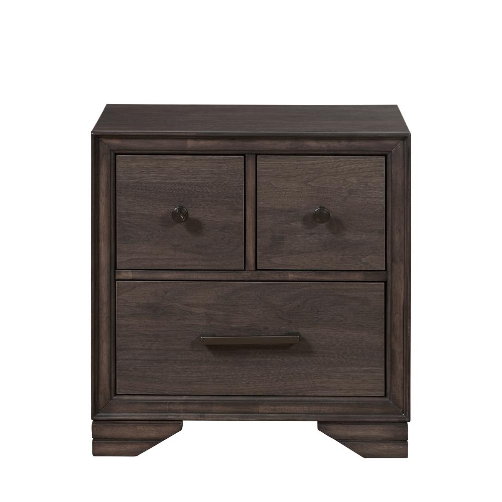 Three Drawer Youth Nightstand with USB in Brown. Picture 2