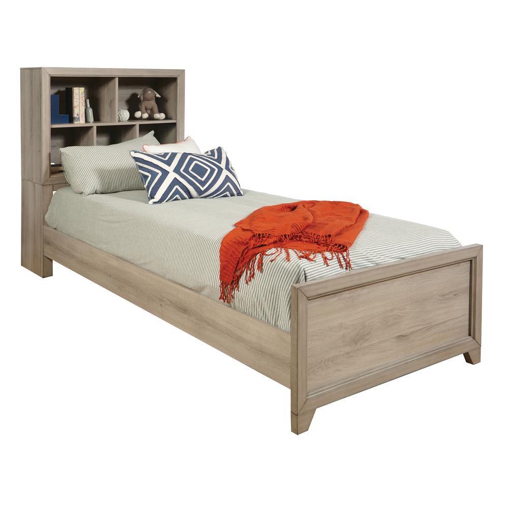 Kids Twin Bed with Bookcase Headboard in River Birch Brown. Picture 1