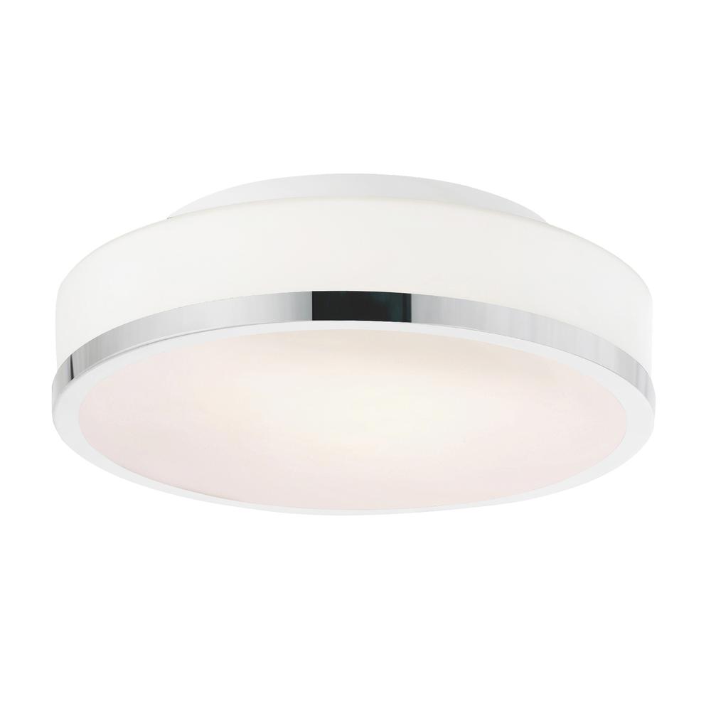 Frosted 2 Light Drum Shade Flush Mount With Satin Nickel Finish. Picture 1