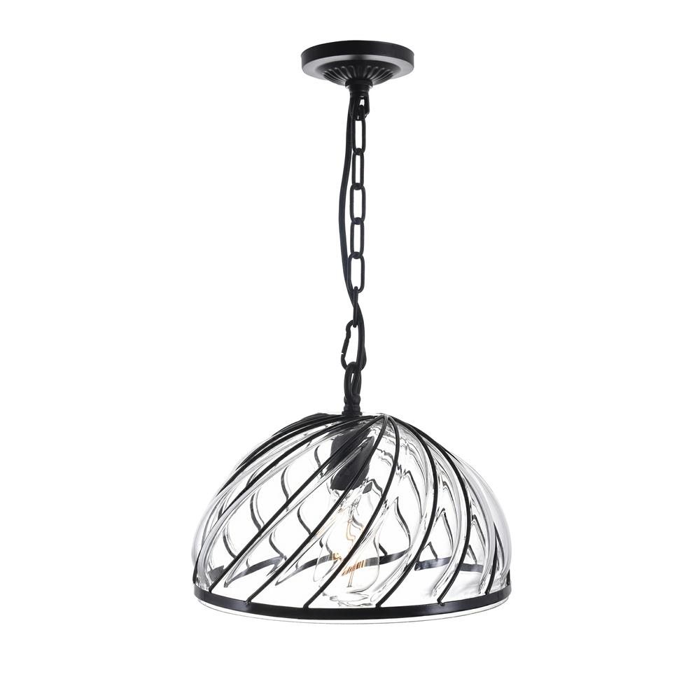 Escot 1 Light Down Pendant With Black & Wood Finish. Picture 1