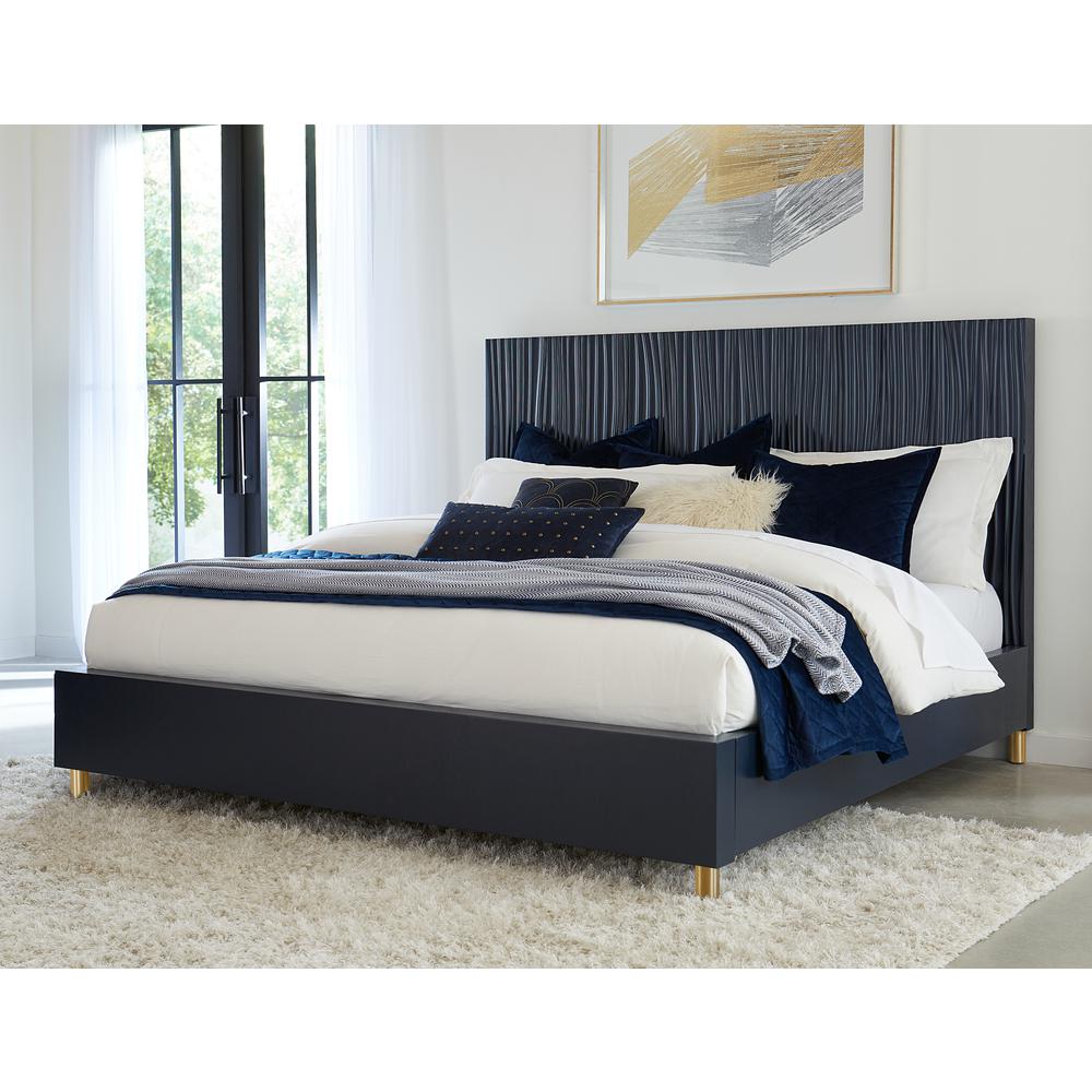 Argento Wave-Patterned Bed in Navy Blue and Burnished Brass. Picture 1
