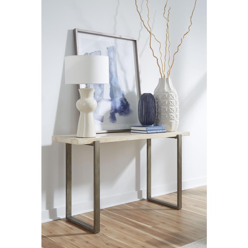 Ariela Natural Travertine Console Table with Bronze Metal Base. Picture 1