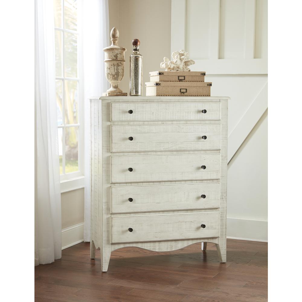 Ella Solid Wood Five Drawer Chest in White Wash (2024). Picture 1