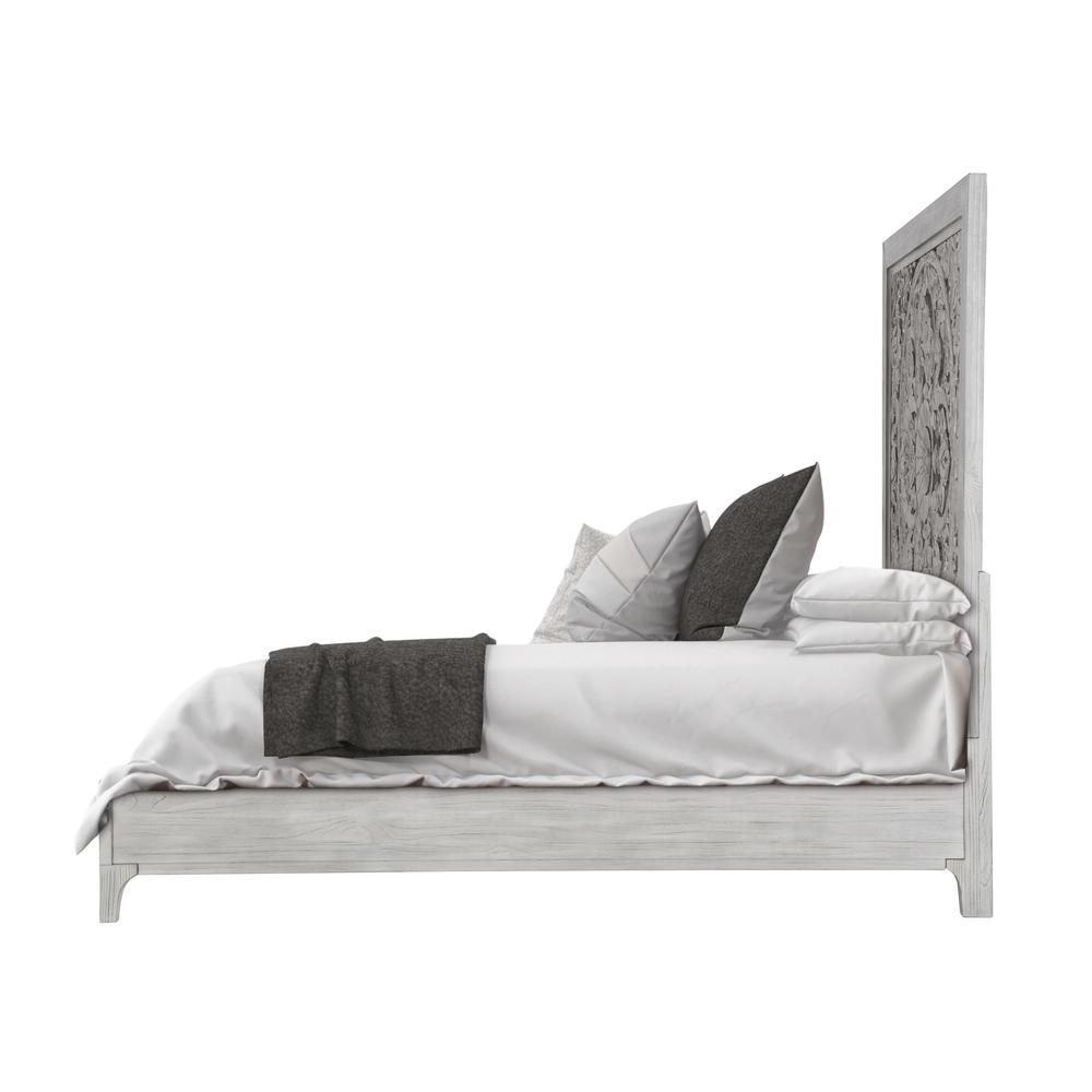 Boho Chic Carved Platform Bed in Washed White. Picture 7