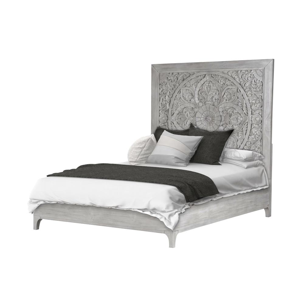 Boho Chic Carved Platform Bed in Washed White. Picture 5