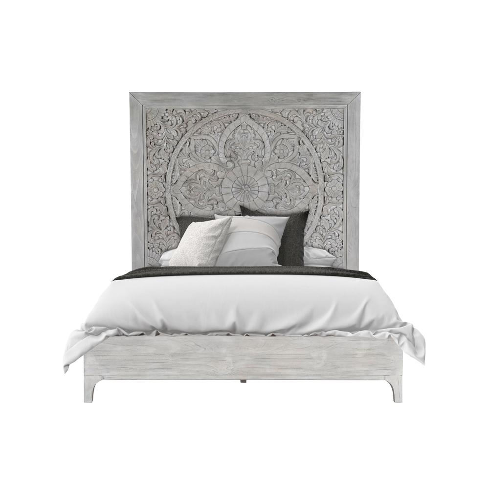 Boho Chic Carved Platform Bed in Washed White. Picture 6