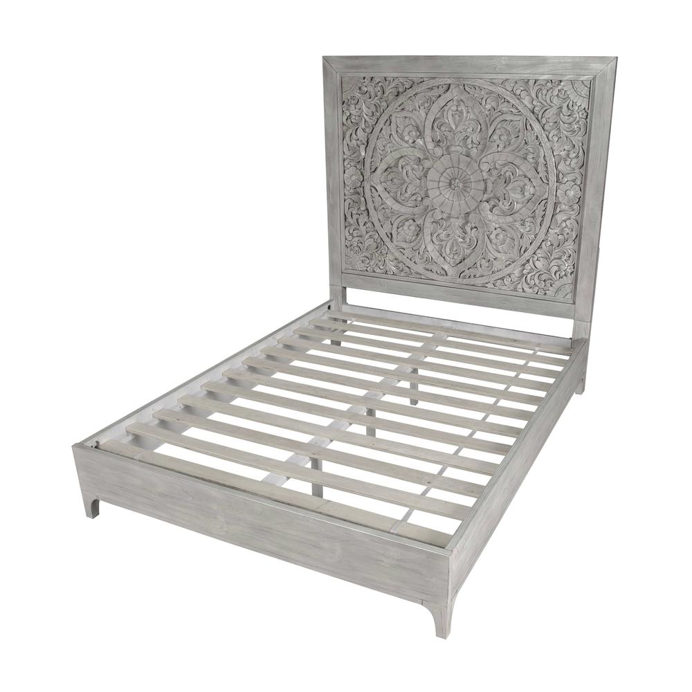 Boho Chic Carved Platform Bed in Washed White. Picture 8