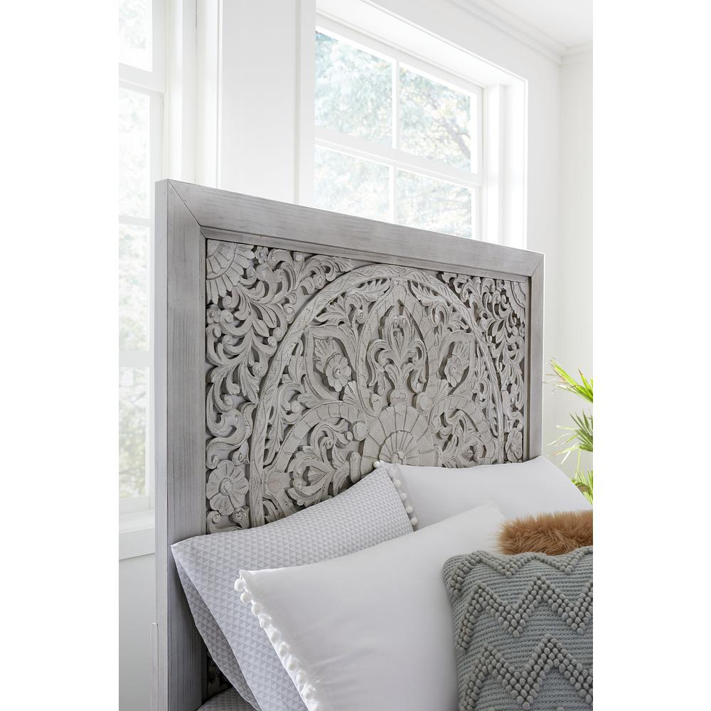 Boho Chic Carved Platform Bed in Washed White. Picture 4