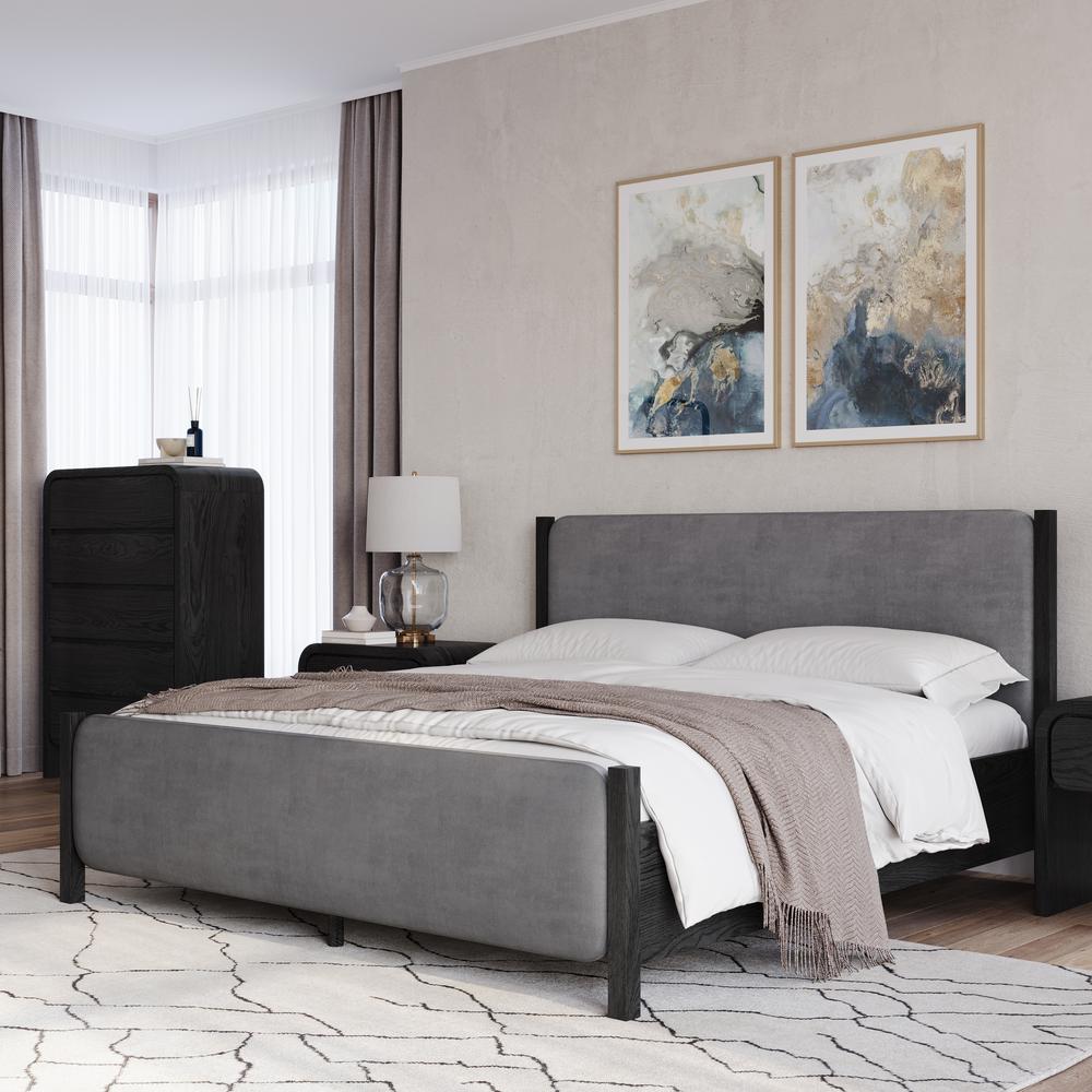 Elora Wood and Velvet Upholstered Bed in Jet and Charcoal. Picture 2
