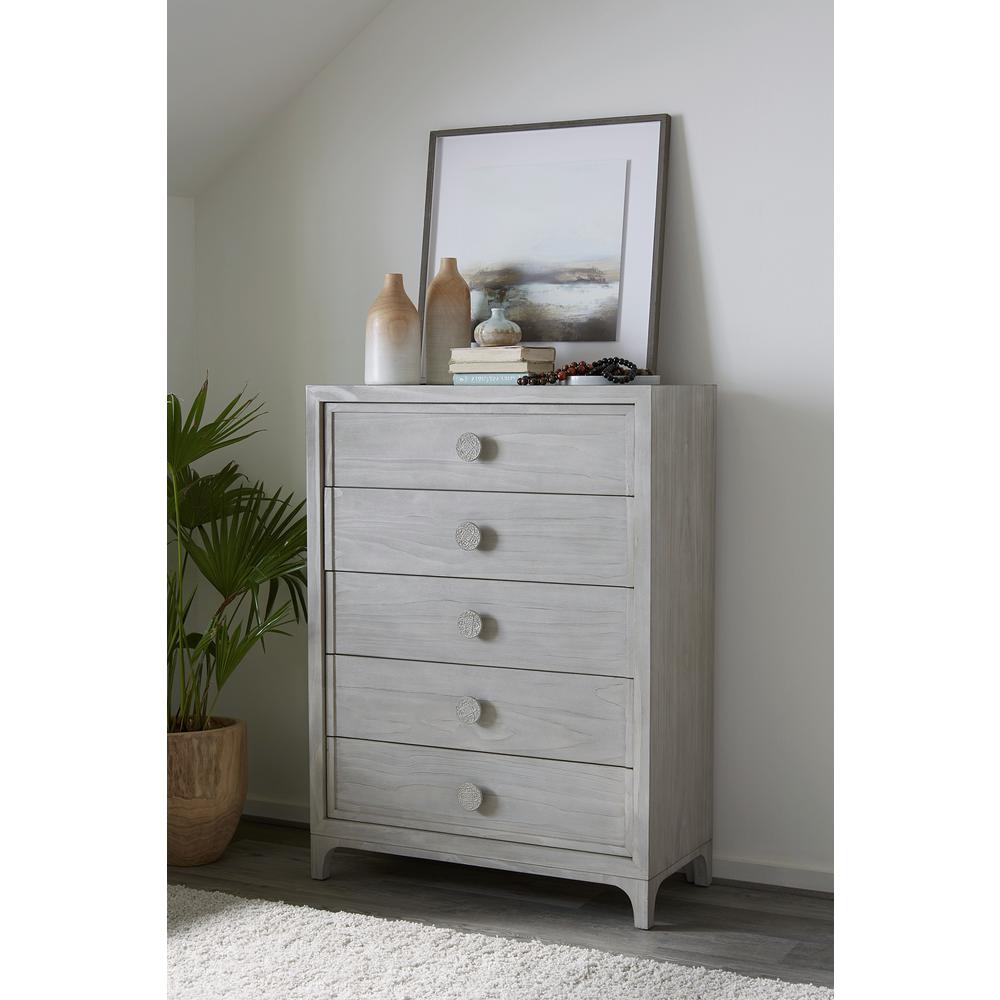 Boho Chic Five-Drawer Chest in Washed White (2024). Picture 1