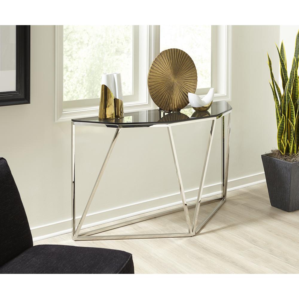 Aria Smoked Glass and Polished Stainless Steel Console Table. Picture 1
