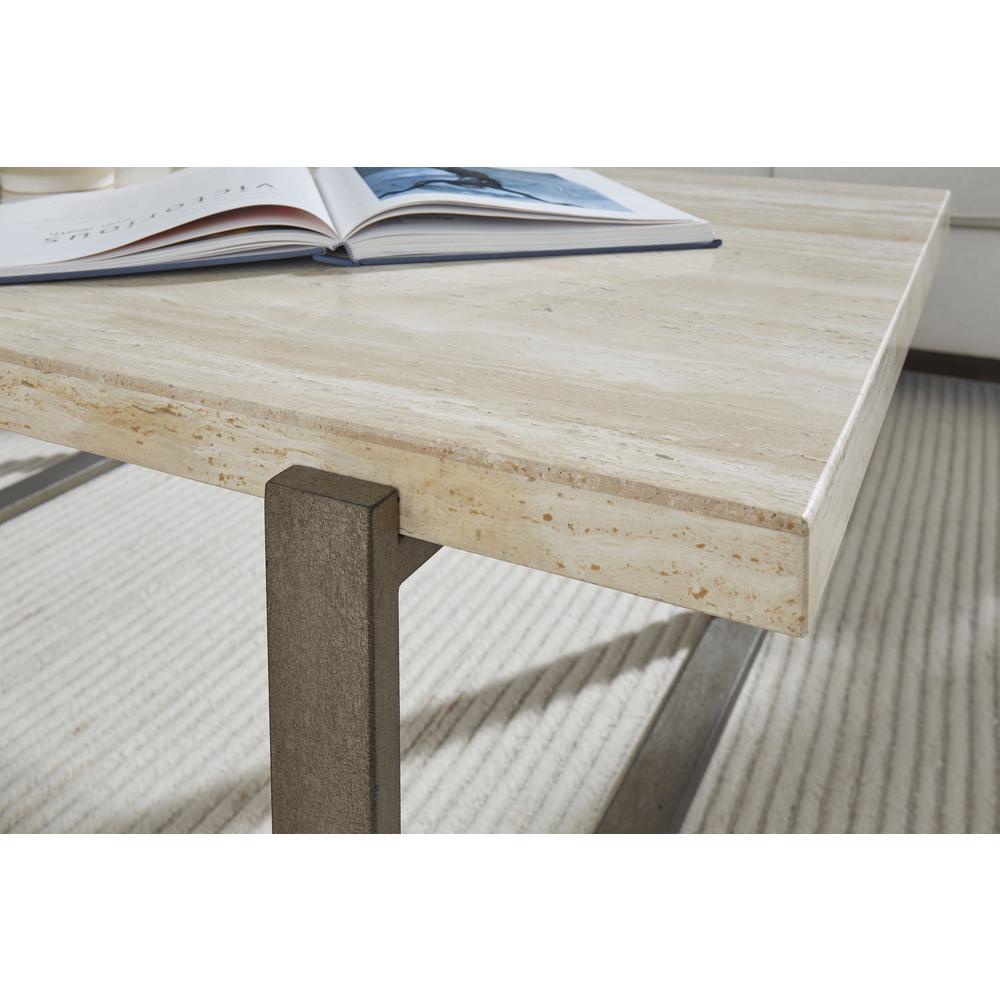 Ariela Natural Travertine Console Table with Bronze Metal Base. Picture 4