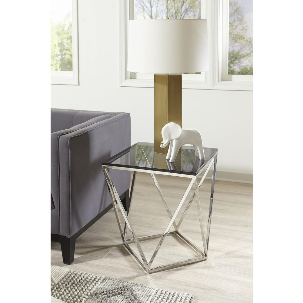 Aria Smoked Glass and Polished Stainless Steel End Table. Picture 1