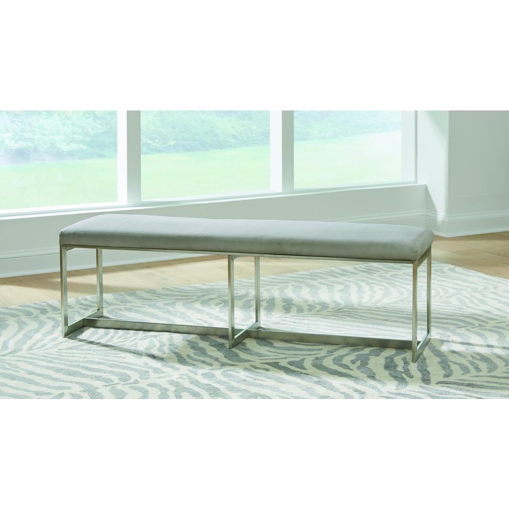 Eliza Upholstered Dining Bench in Dove and Brushed Stainless Steel. Picture 1