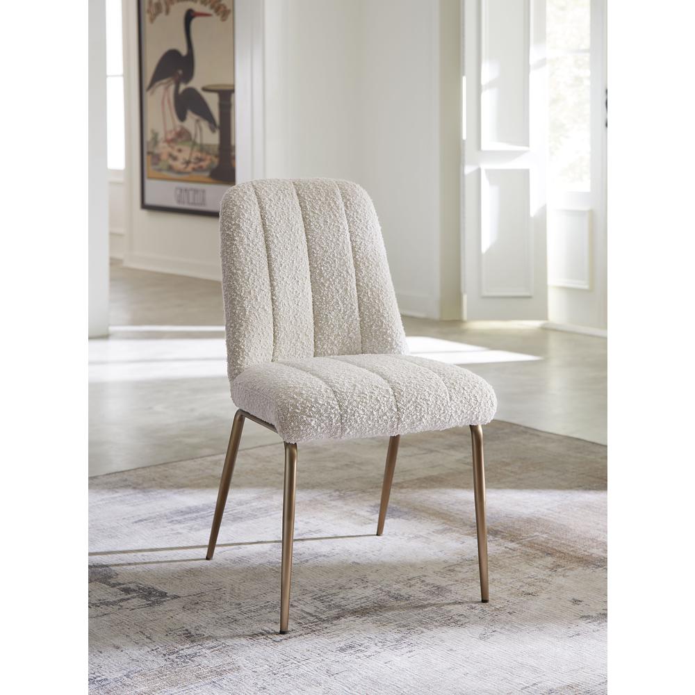 Apollo Upholstered Dining Chair in Ricotta Boucle and Brushed Bronze Metal. Picture 1