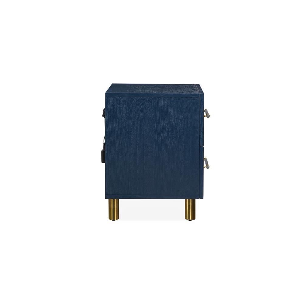 Argento Two Drawer USB Charging Nightstand in Navy Blue and Burnished Brass. Picture 7