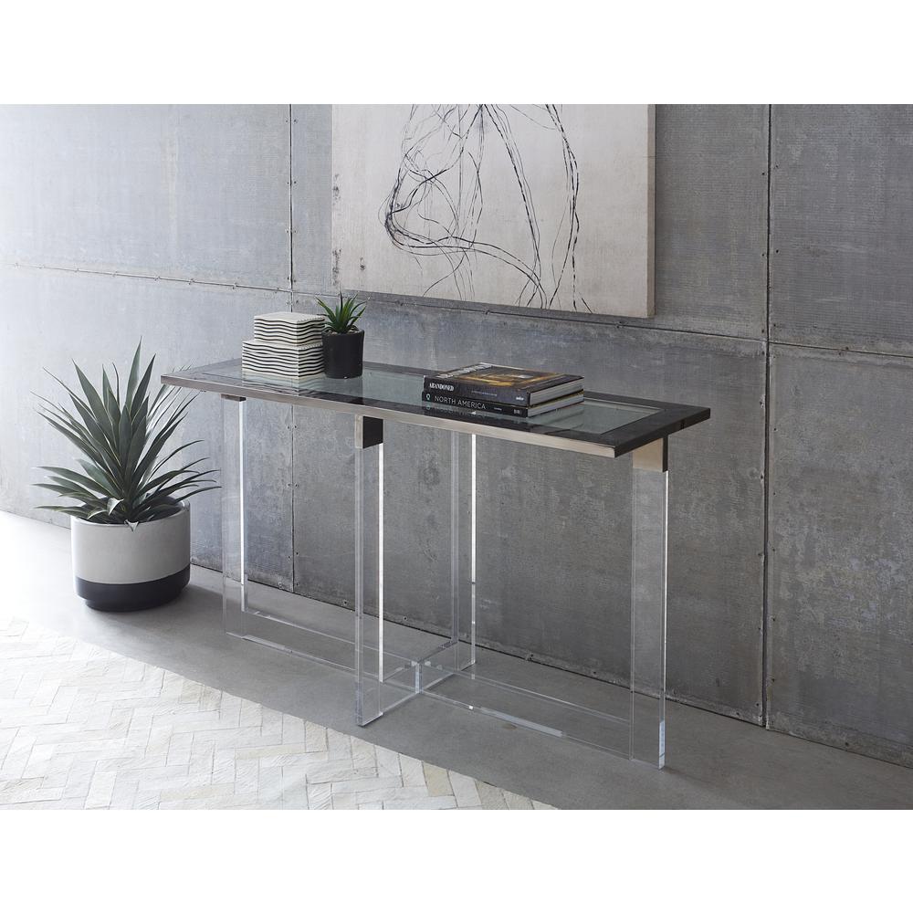 Bastian Console Table in Clear Acrylic and Gunmetal Polished Stainless Steel. Picture 1