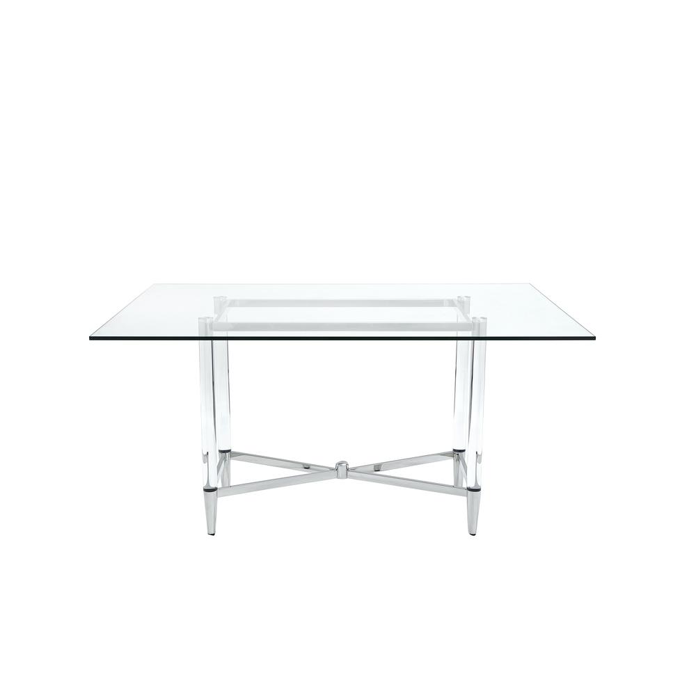 Marilyn Glass Top Dining Table in Polished Stainless Steel and Clear Acrylic. Picture 1