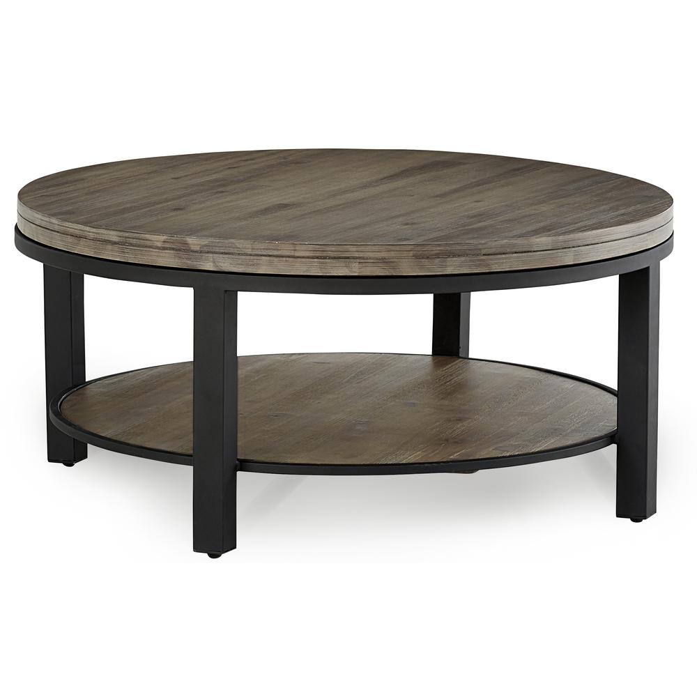 Canyon Solid Wood and Metal Round Coffee Table in Washed Grey. Picture 3