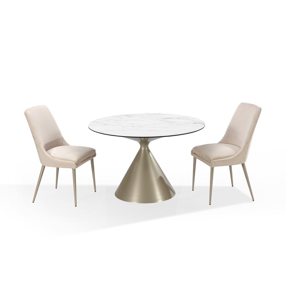 Winston Stone Top Metal Base Round Dining Table in Oat Milk and Champagne. Picture 3