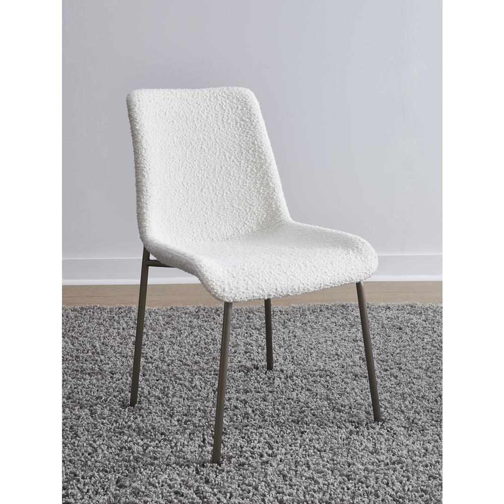 Jade Upholstered Dining Chair in Cottage Cheese Boucle and Brushed Nickel Metal. Picture 1