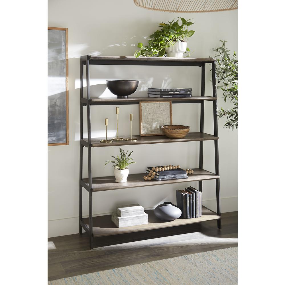 Finch Wood and Metal Etagere Bookcase in Buckwheat and Antique Bronze. Picture 1