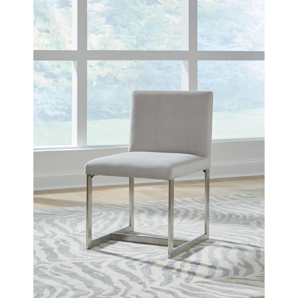 Eliza Upholstered Dining Chair in Dove and Brushed Stainless Steel. Picture 1
