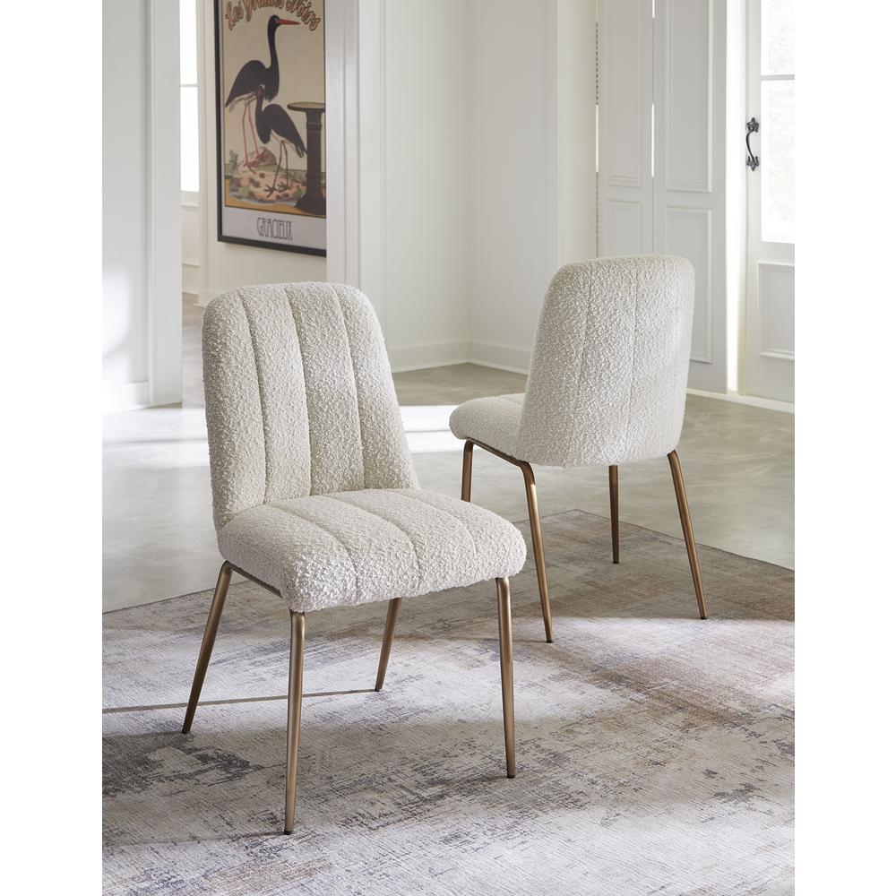 Apollo Upholstered Dining Chair in Ricotta Boucle and Brushed Bronze Metal. Picture 2