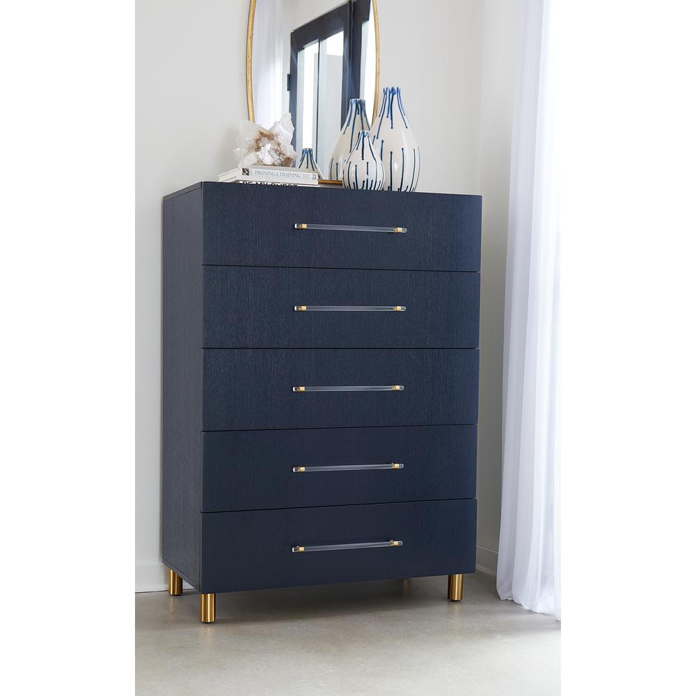 Argento Five Drawer Chest in Navy Blue and Burnished Brass (2024). Picture 1