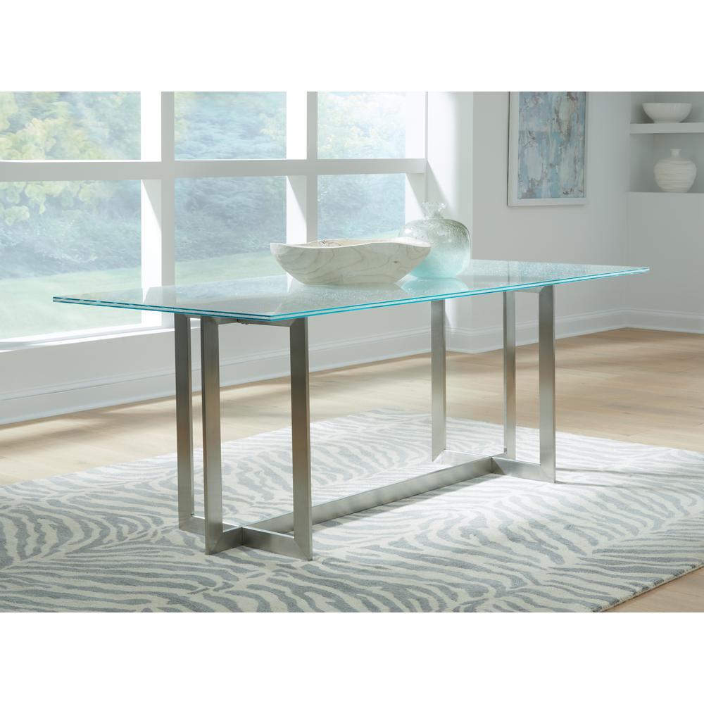 Eliza Cracked Glass Dining Table in Brushed Stainless Steel. Picture 1