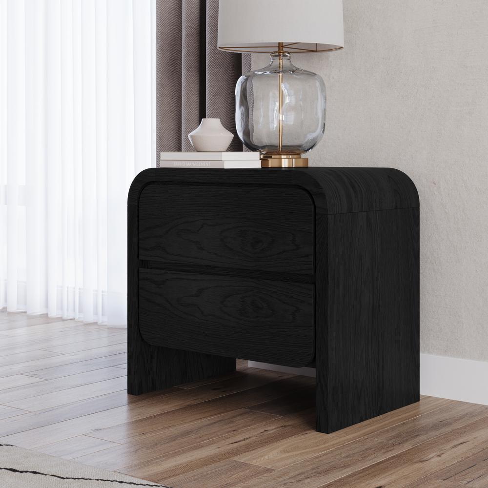 Elora Two Drawer Nightstand in Jet Black Ash. Picture 1