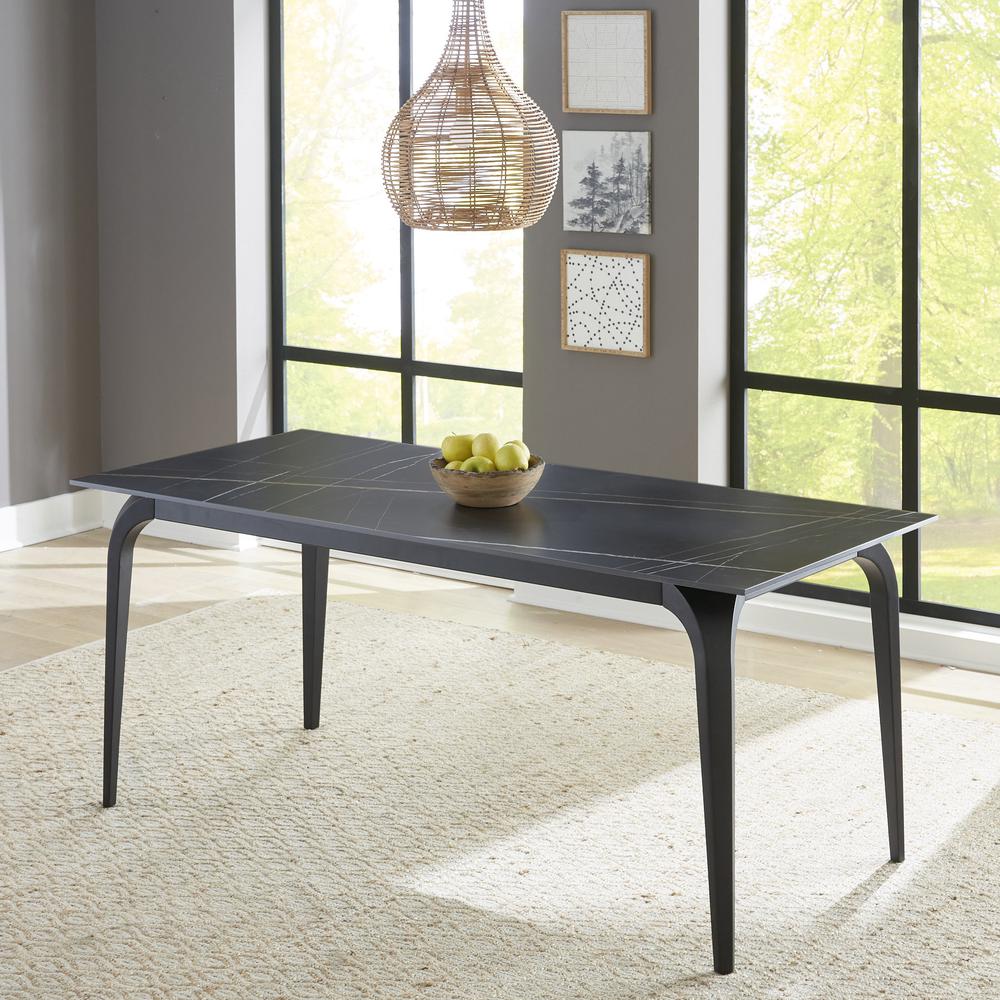 Nicoya Stone Top Rectangular Dining Table in Black Stone and Black Metal. Picture 1