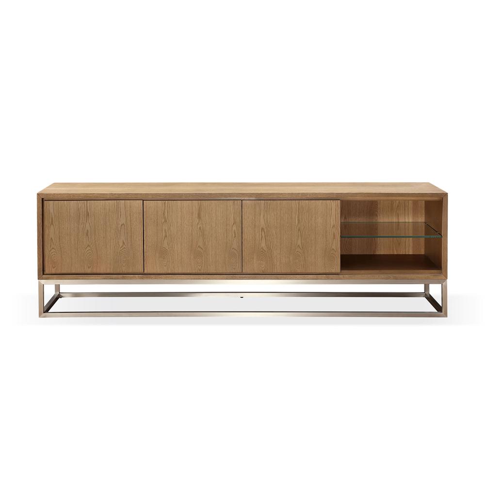 One Coastal Modern 84 inch TV Console in Brushed Stainless Steel and Bisque. Picture 1