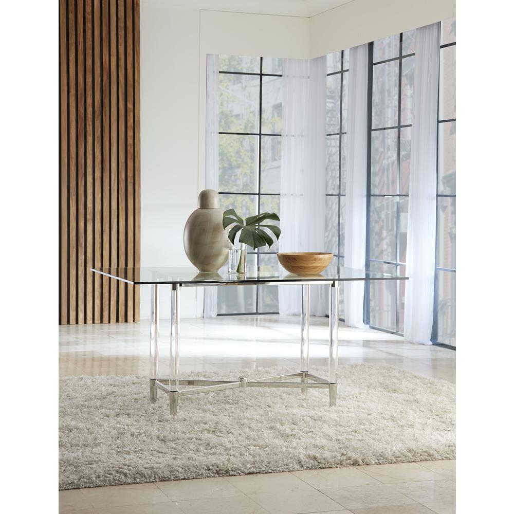 Marilyn Glass Top Dining Table in Polished Stainless Steel and Clear Acrylic. Picture 6